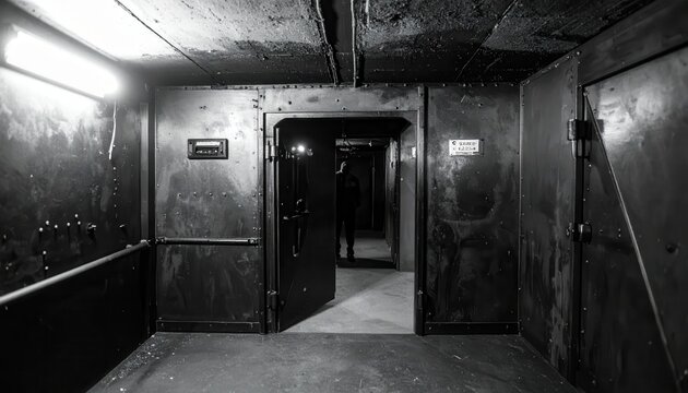 Dark and eerie abandoned bunker interior with open doors and dim lighting.