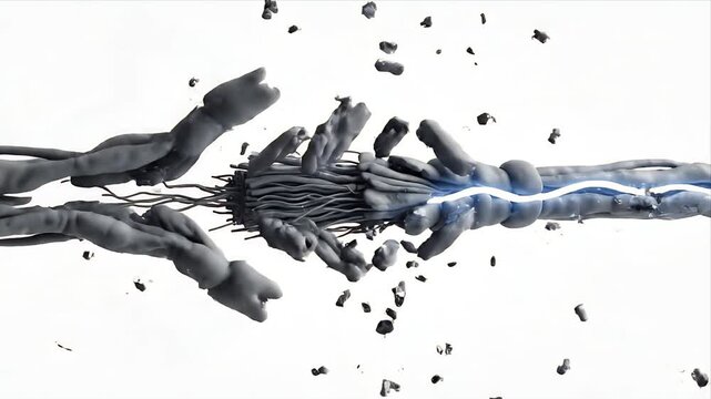 High energy electrical discharge CGI animation with bright blue lightning sparks fragmenting grey textured cables against a stark white background scientific visualization and energy concept