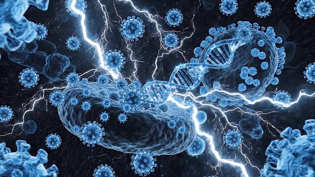 Intense Cellular Warfare Microscopic View Animation Depicting Virions and DNA Double Helix Under Blue Lighting and Electrical Discharge Effects on a Dark Background