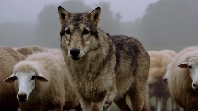 AI generated 4k wolf walking through sheep flock, misty overcast light.