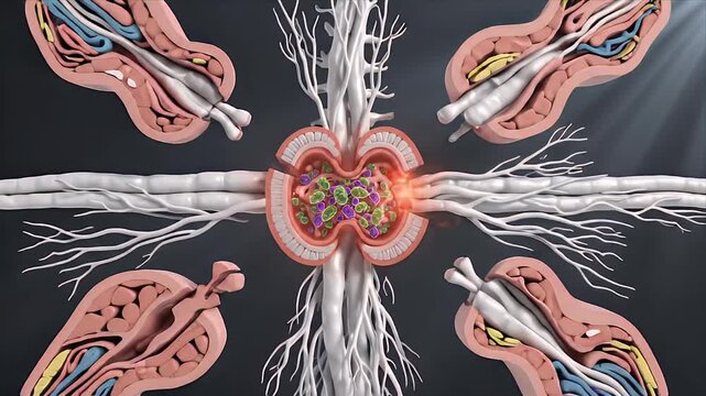Microscopic View of Bacterial Invasion Affecting Kidney Structures Illustrating Nephritis Pathogenesis with Detailed Cellular Anatomy and Infection Spread CGI