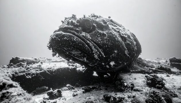 Stonefish Camouflaged on Rocky Seabed Underwater Black and White.