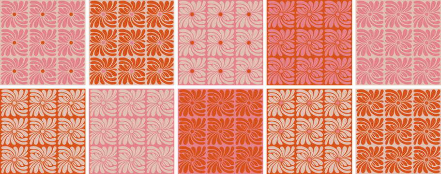 Psychedelic Floral Seamless Patterns Set Groovy Daisy Flower Hippie 60s, 70s Style Abstract Distorted Wavy Geometric Backgrounds Collection
