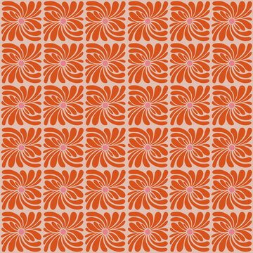 Psychedelic Floral Seamless Pattern Groovy Daisy Flower Hippie 60s, 70s Style Abstract Distorted Wavy Geometric Background in Orange Red and Pink