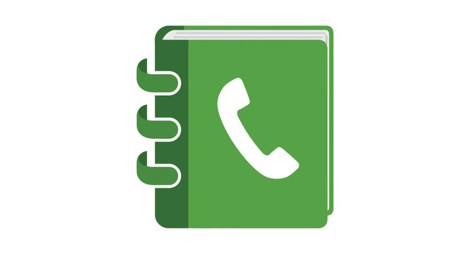 A flat green notebook icon features a white telephone handset illustration on its cover