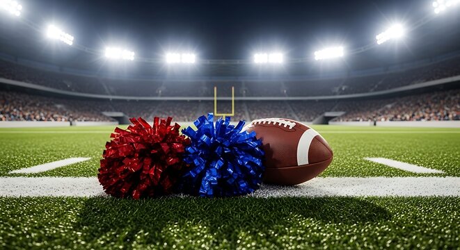 American football with poms on the field, stadium in background with bright lights