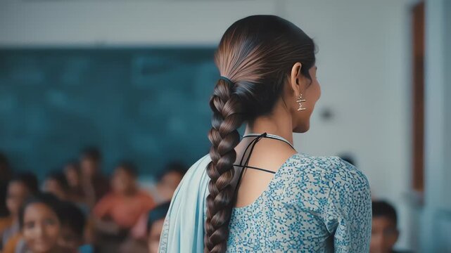 smiling indian woman teacher in blue traditional outfit classroom background education