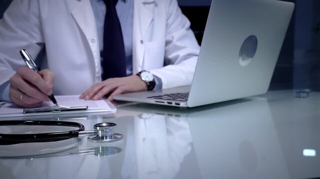 Medical professional wearing a white lab coat and stethoscope. Simultaneously typing patient data on a laptop keyboard and writing notes on a clipboard