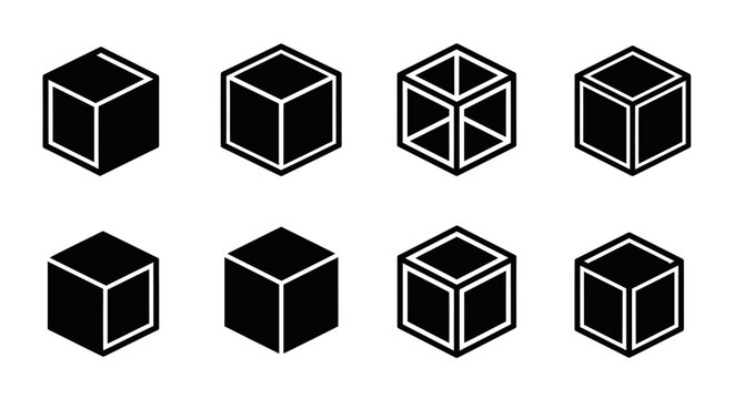 Geometric cubes in varying perspectives presented as a black silhouette