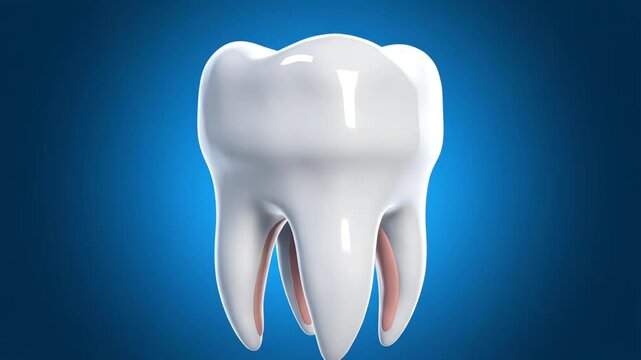 Clean white tooth rotating slowly with glossy enamel surface under soft blue lighting, showcasing healthy dental structure in a smooth medical animation loop