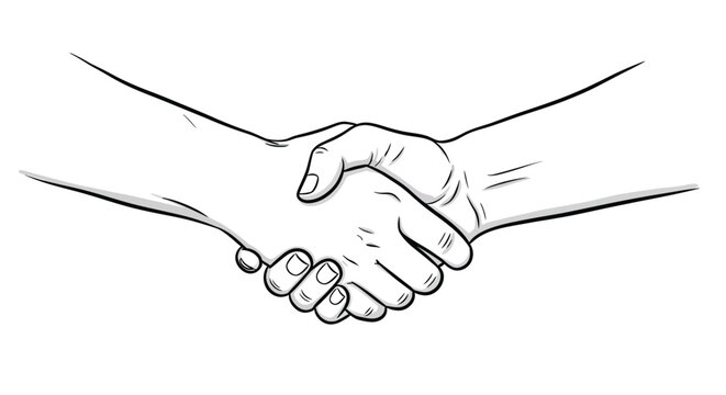 A simple black and white sketch depicts two hands firmly clasped together in a handshake