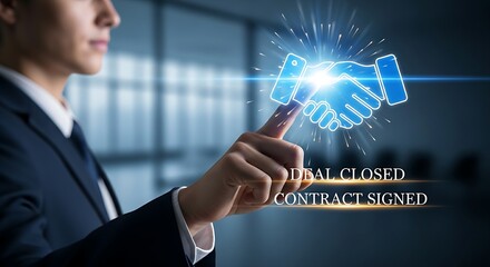 Obraz premium Deal closure concept. A sales professional's hand touches a handshake icon on a hologram, which emits a glow to confirm a 'deal' or 'contract'.