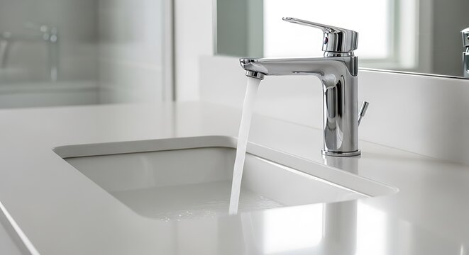Close-up of a chrome faucet with water flowing into a pristine white sink and countertop