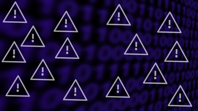 Digital security warning concept with white exclamation mark icon and binary code background representing cyber threats and data breach.