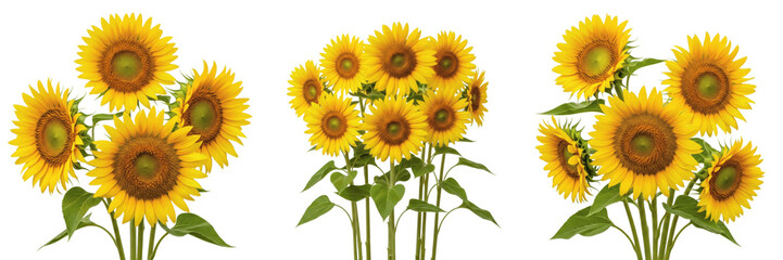 Naklejka premium Sunflower Helianthus annuus Bouquet Set Isolated on White Background, Yellow Sunflowers Collection with Green Leaves and Stems for Floral Design, Realistic Summer Flower 3D Rendering