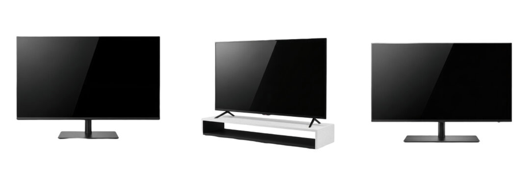 Modern LED Smart TV and Monitor Screen Set Isolated on White Background, Realistic Black Flat Television Display Collection with Stand, Home Media Entertainment 3D Rendering