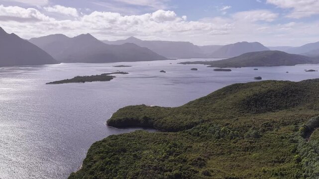 Scenic lakescape over Burbury lake in Tasmania on Lyell highway West coast &ndash; aerial panorama.