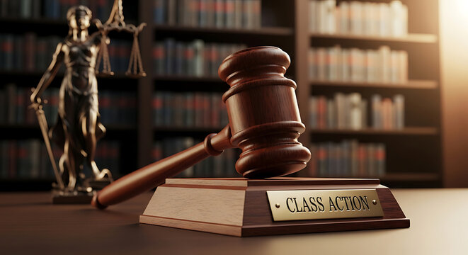 class action gavel resting on a block with lady justice and law books in a legal setting symbolizing judicial process and justice.