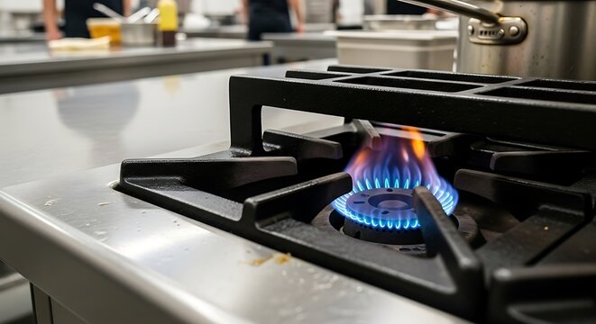 Close-up of blue gas flame on a stove burner in a commercial kitchen setting