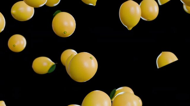 Falling fresh lemons on transparent background, seamless slow motion loop
