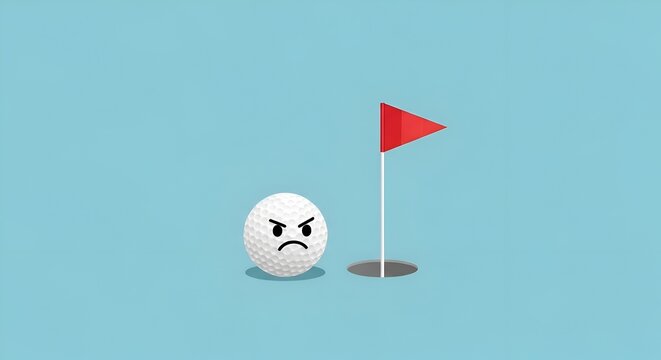 Angry golf ball near red flag on green angry face sports