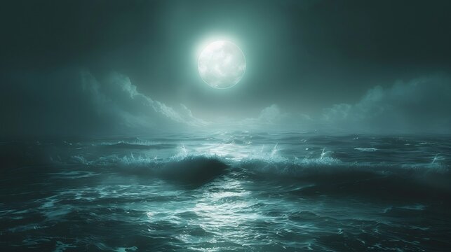Moonlit Stormy Ocean Waves at Night