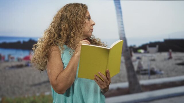 Woman holding yellow book, hand at neck while reading beside a palm tree on a busy beach promenade with blurred people and umbrellas; contemplation calm.