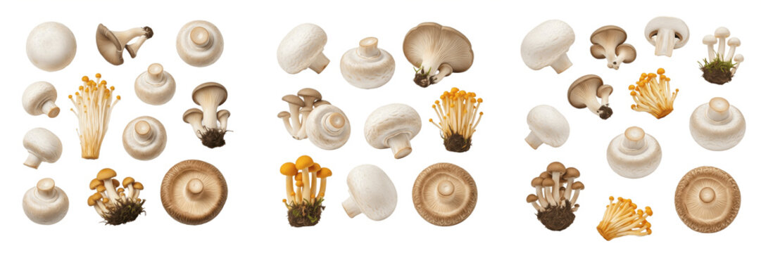 Assorted Gourmet Mushroom Collection Featuring Button, Enoki, Oyster, and Shiitake Varieties Isolated on White Background for Culinary Recipes, Healthy Cooking, and Organic Food Design