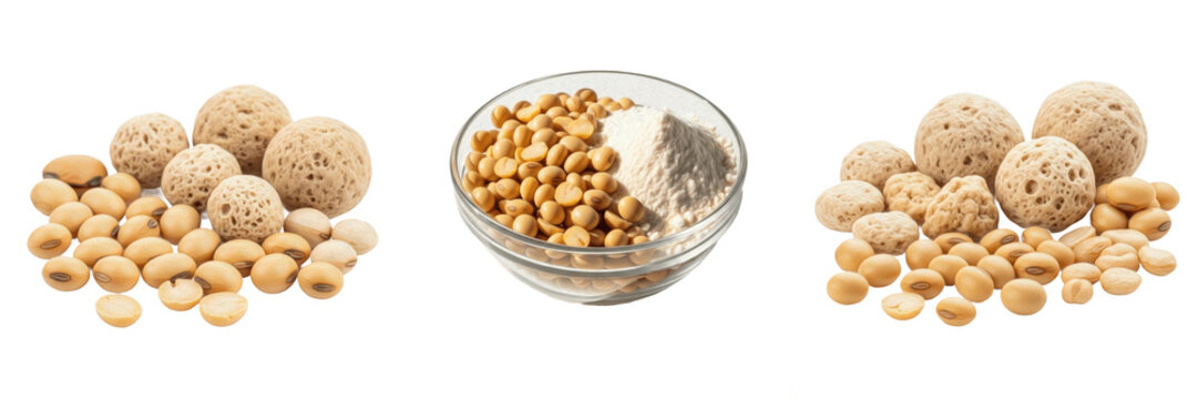 Set of Raw Soybeans with Soya Flour in Glass Bowl and Textured Vegetable Protein Soya Chunks Isolated on White Background for Vegan Nutrition, Plant-Based Protein, and Food Industry