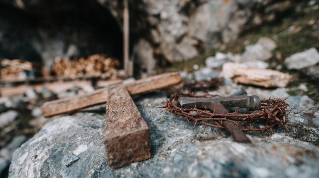 Dramatic Calvary still life close-up on the rocky ground of Golgotha showing a heavy rough-hewn wooden cross lying flat beside a rusted iron hammer and three iron spikes, the entire assemblage