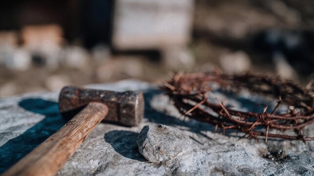 Dramatic Calvary still life close-up on the rocky ground of Golgotha showing a heavy rough-hewn wooden cross lying flat beside a rusted iron hammer and three iron spikes, the entire assemblage