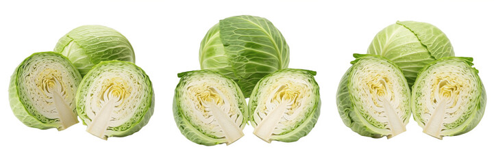 Obraz premium Fresh Whole and Halved Green Cabbage Collection Isolated on White Background - Vibrant Raw Small Cabbages and Cross-Section Slices for Healthy Cooking Recipes and Food Design Graphics