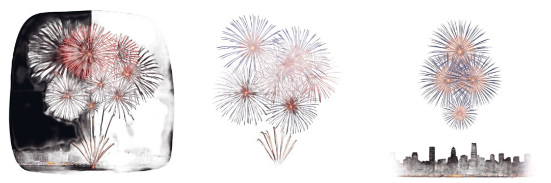 Spectacular Fireworks Display Collection Over City Skyline Isolated on White Background - Festive Pyrotechnic Burst Set for New Year Eve Celebration, Fourth of July, and Event Design