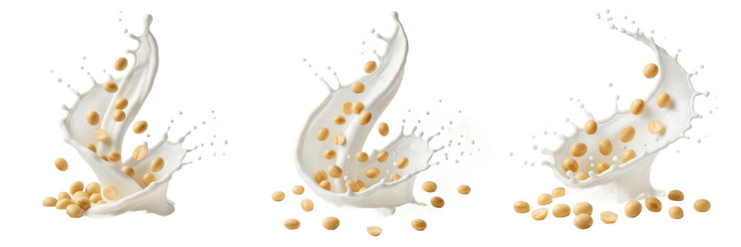 Soy Milk Splash with Organic Soybeans Collection Isolated on White Background - Fresh Plant-Based Vegan Dairy Alternative Liquid Pouring and Soy Bean Grains for Healthy Food Design