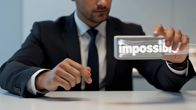 businessman tearing impossible sign symbolizing overcoming challenges and achieving success in office