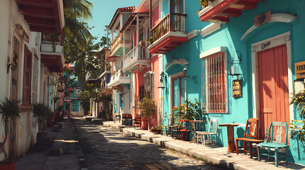 Fototapeta premium Colorful streets, colonial houses, bright sunlight, tropical atmosphere