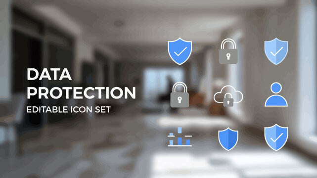 A selection of blue and gray data protection icons overlays a softly blurred modern office interior.
