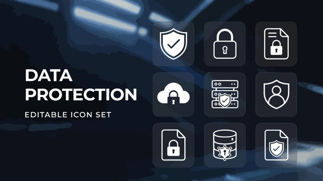 A grid of white data protection icons with translucent backgrounds sits on a dark futuristic digital surface.