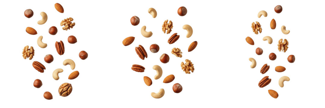 Falling Mixed Nuts Including Almonds, Walnuts, Cashews, Hazelnuts, and Pecans Isolated on White Background for Healthy Snack Concept, Organic Food Nutrition, and Culinary Design.