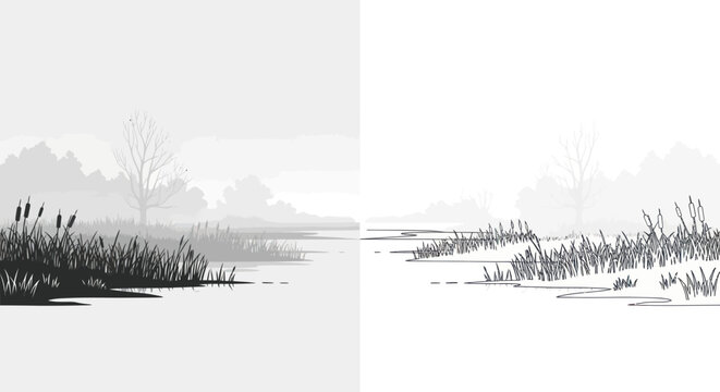 Misty Wetland Landscape: Silhouette vs. Line Art Comparison