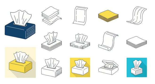 Tissue Box Icons: Various Designs and Colors, Flat and Outline Styles