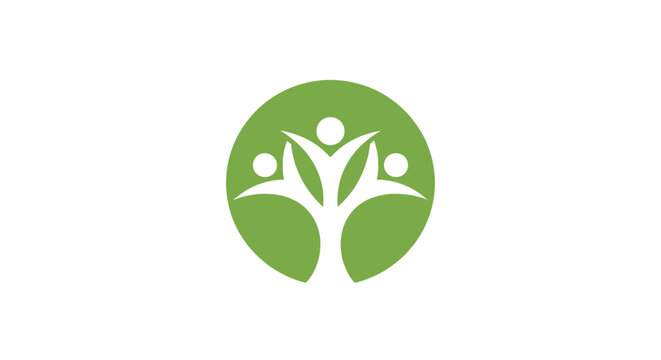A green circular logo features a stylized tree with human figures integrated within its branches