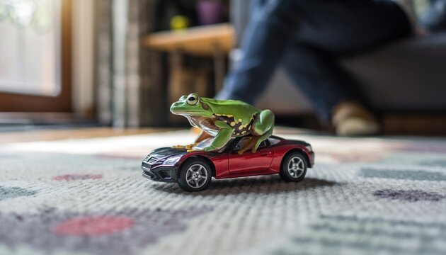 Frog Riding a Toy Car Indoors.