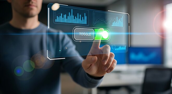 Service activation concept. An IT professional's finger slides a holographic 'toggle' button to the right, changing its color from gray to a vibrant green to activate a service.