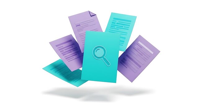 Floating documents in pastel hues, one with magnifying glass icon, on white background