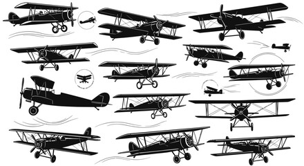 Vintage Biplane Aircraft Collection - Retro Aviation Silhouettes © nia