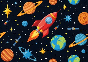 Fototapeta premium A vibrant red cartoon rocket ship blasting off through a colorful, starry galaxy filled with planets, satellites, and nebulae, creating a playful cosmic scene.
