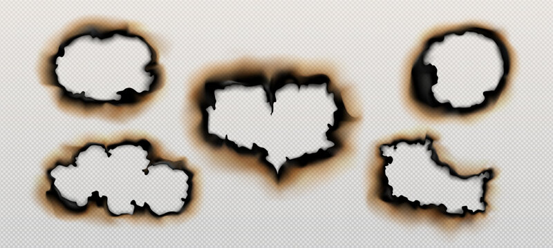 set of realistic effects of burnt and burning paper on a transparent background