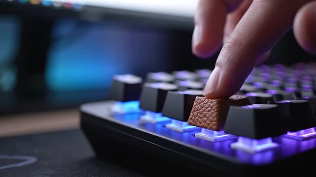 Close up of a human finger pressing a custom key on a mechanical RGB gaming keyboard.