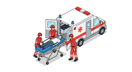 Fototapeta premium Vector illustration of an emergency medical team carefully transferring a patient from a stretcher into an ambulance, symbolizing urgent healthcare